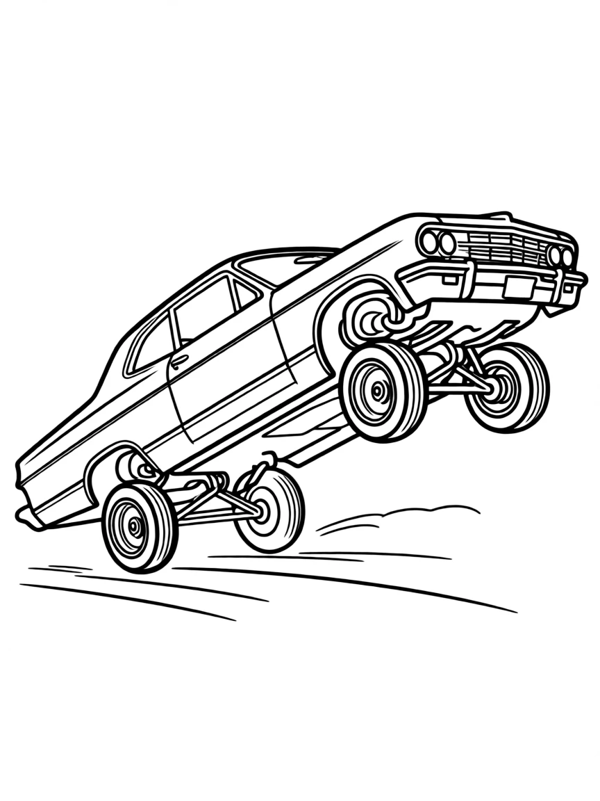 A lowrider Impala with hydraulics in mid-bounce