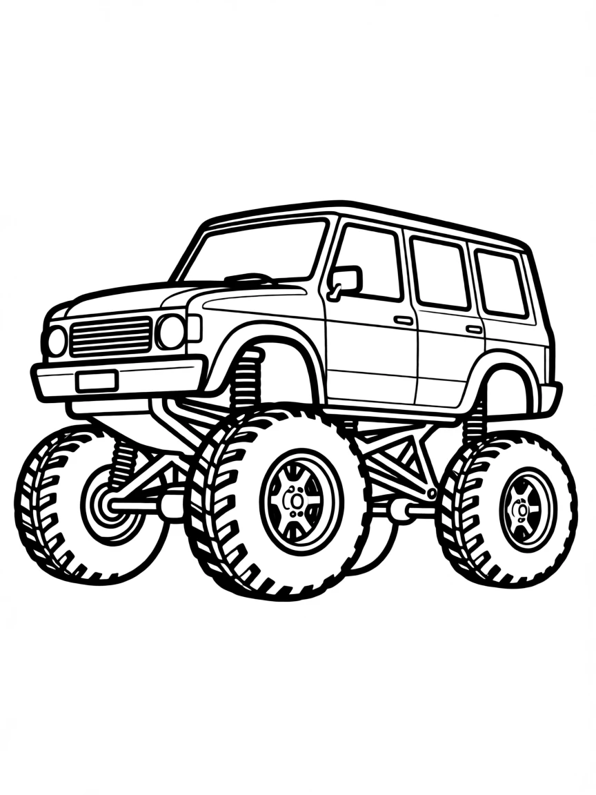 A donk-style car with extremely large wheels and raised suspension
