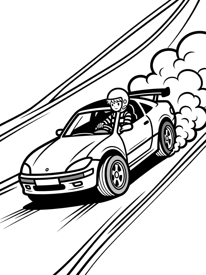 A drift car mid-slide with smoke billowing from tires
