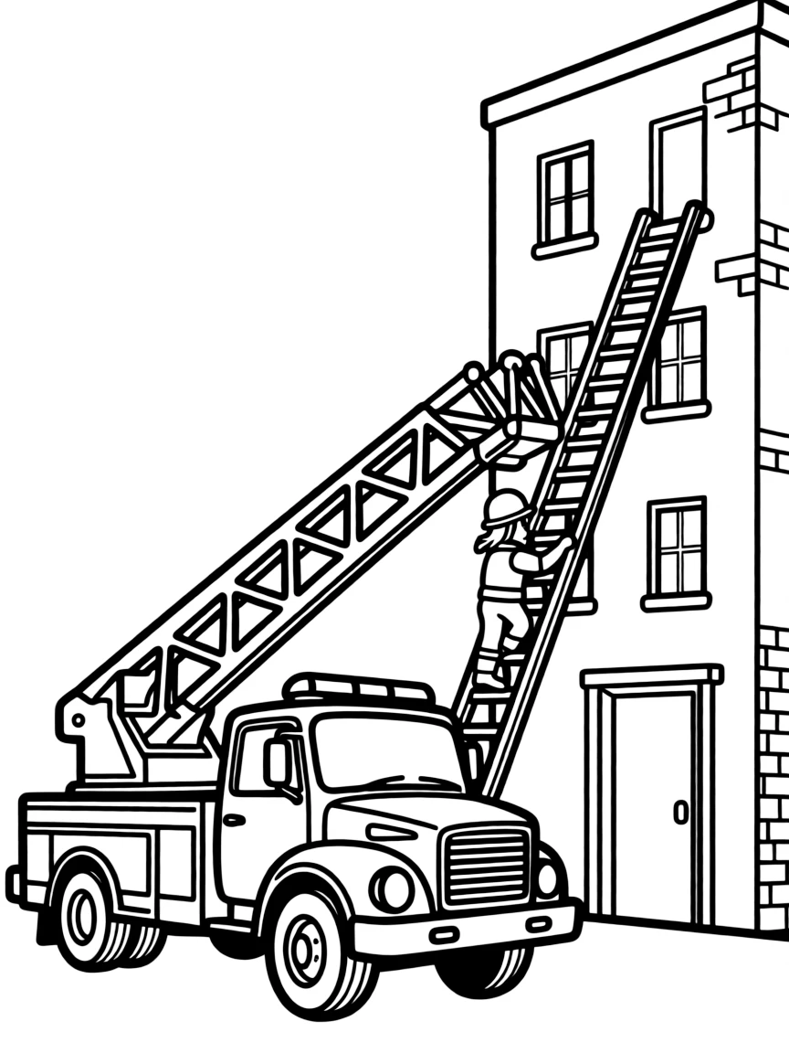 A fire engine with ladders extended to a tall building