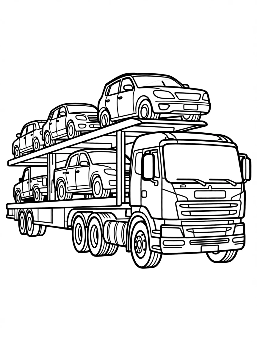 A car carrier transport truck loaded with various vehicles