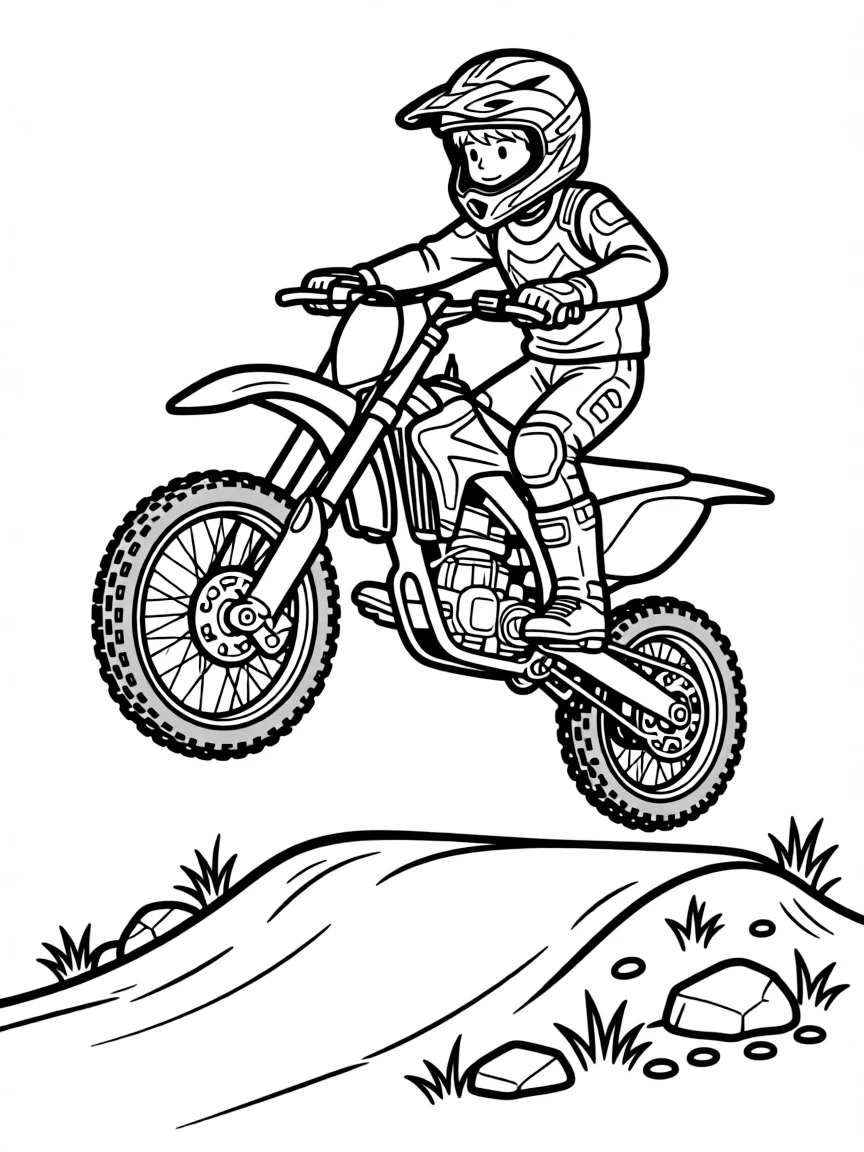 A dirt bike in mid-jump over a motocross track obstacle