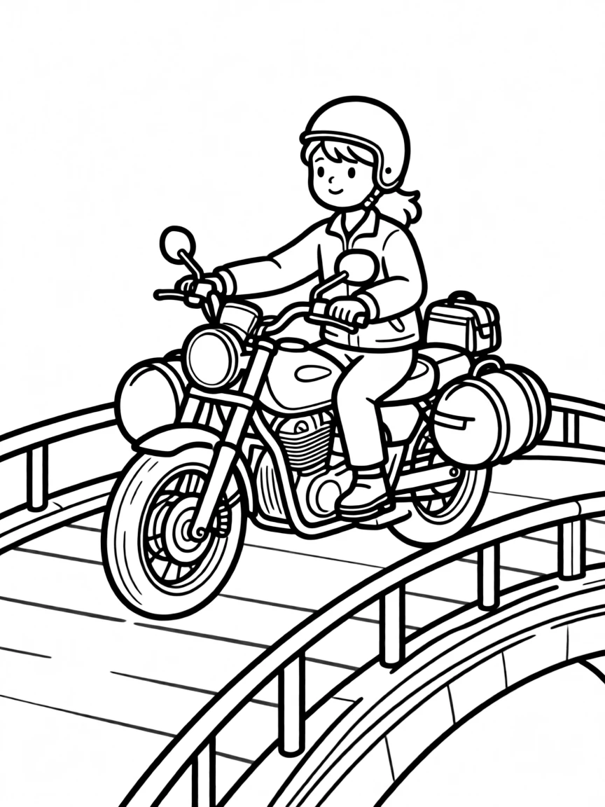 A touring motorcycle loaded with luggage crossing a bridge