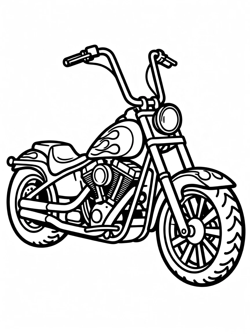 A chopper with extended front forks and flame paintjob