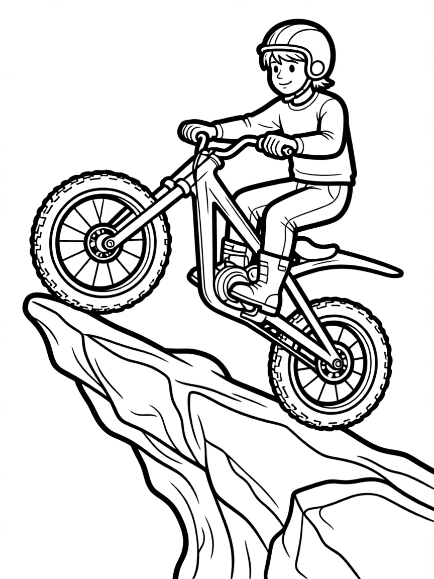 A trials motorcycle balancing on a narrow rock formation