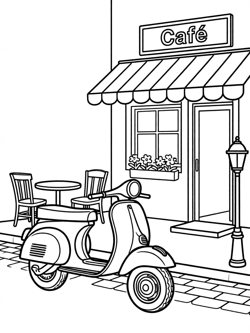 A vintage Vespa scooter parked outside an Italian café