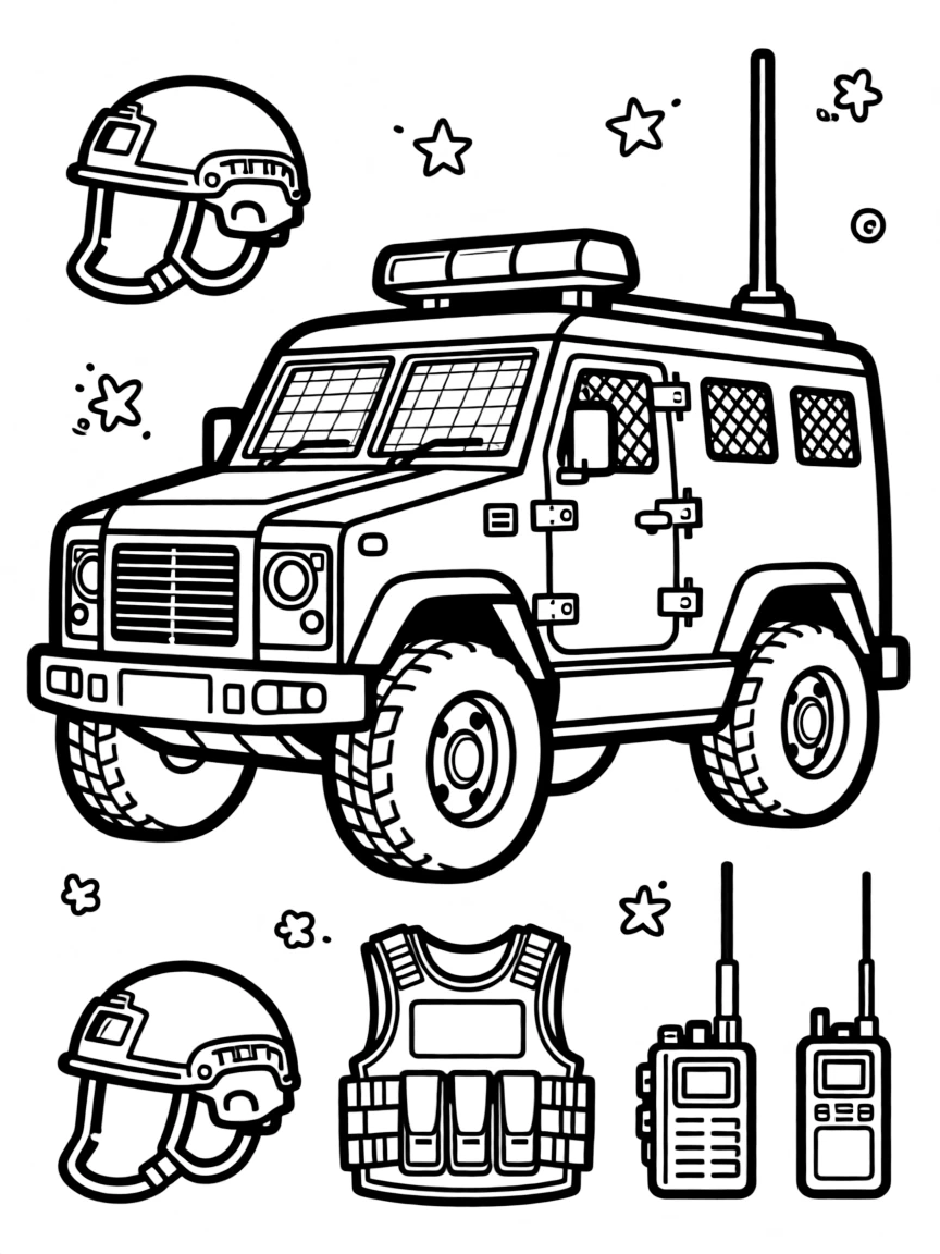 A SWAT vehicle with tactical gear and armored features