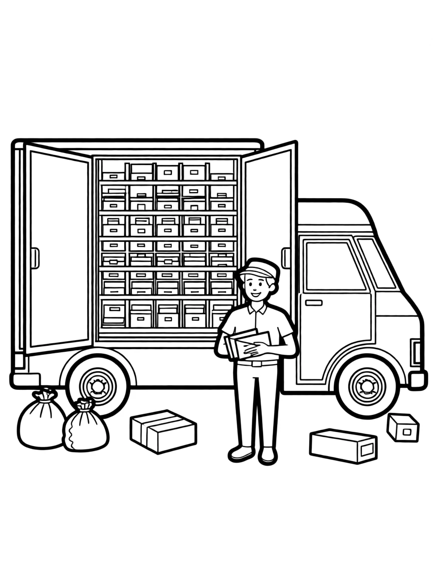 A mail delivery truck with detailed sorting shelves inside