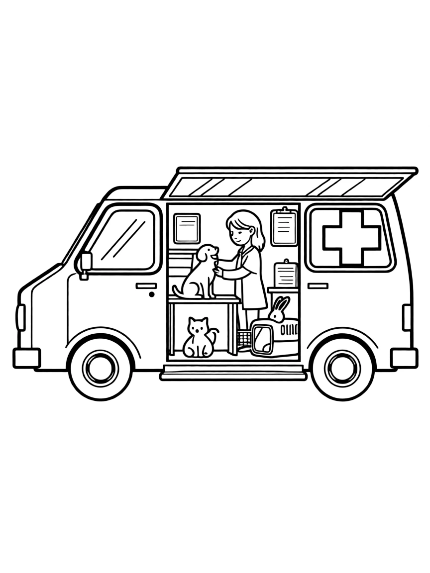 A mobile veterinary clinic with animals visible inside