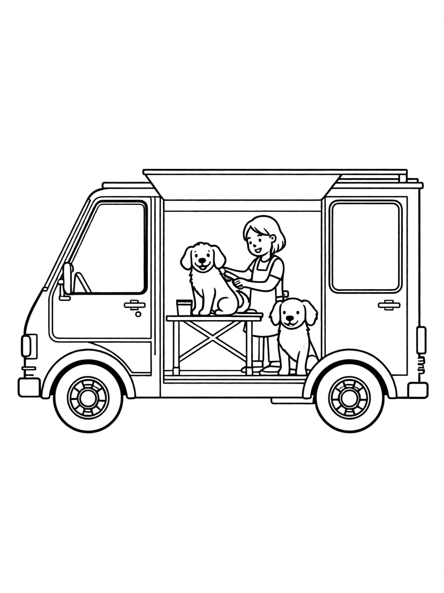 A mobile pet grooming van with dogs being groomed inside