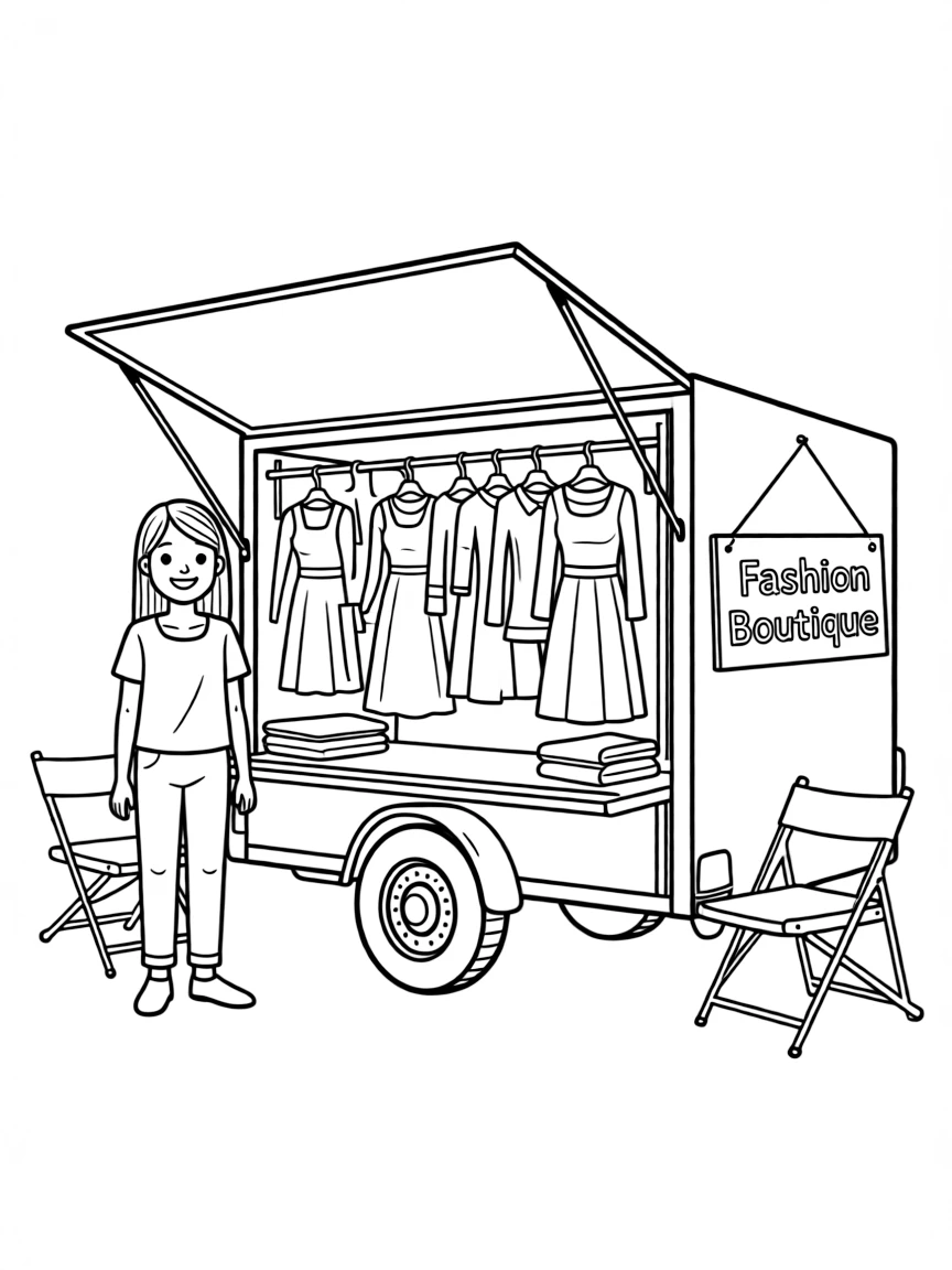 A mobile fashion boutique with clothing racks visible
