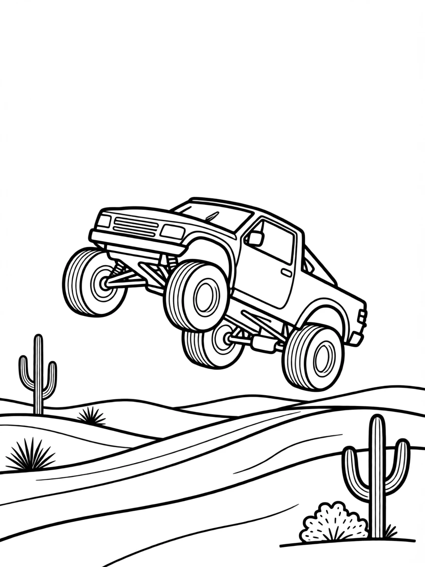 A Baja 1000 trophy truck catching air over desert terrain