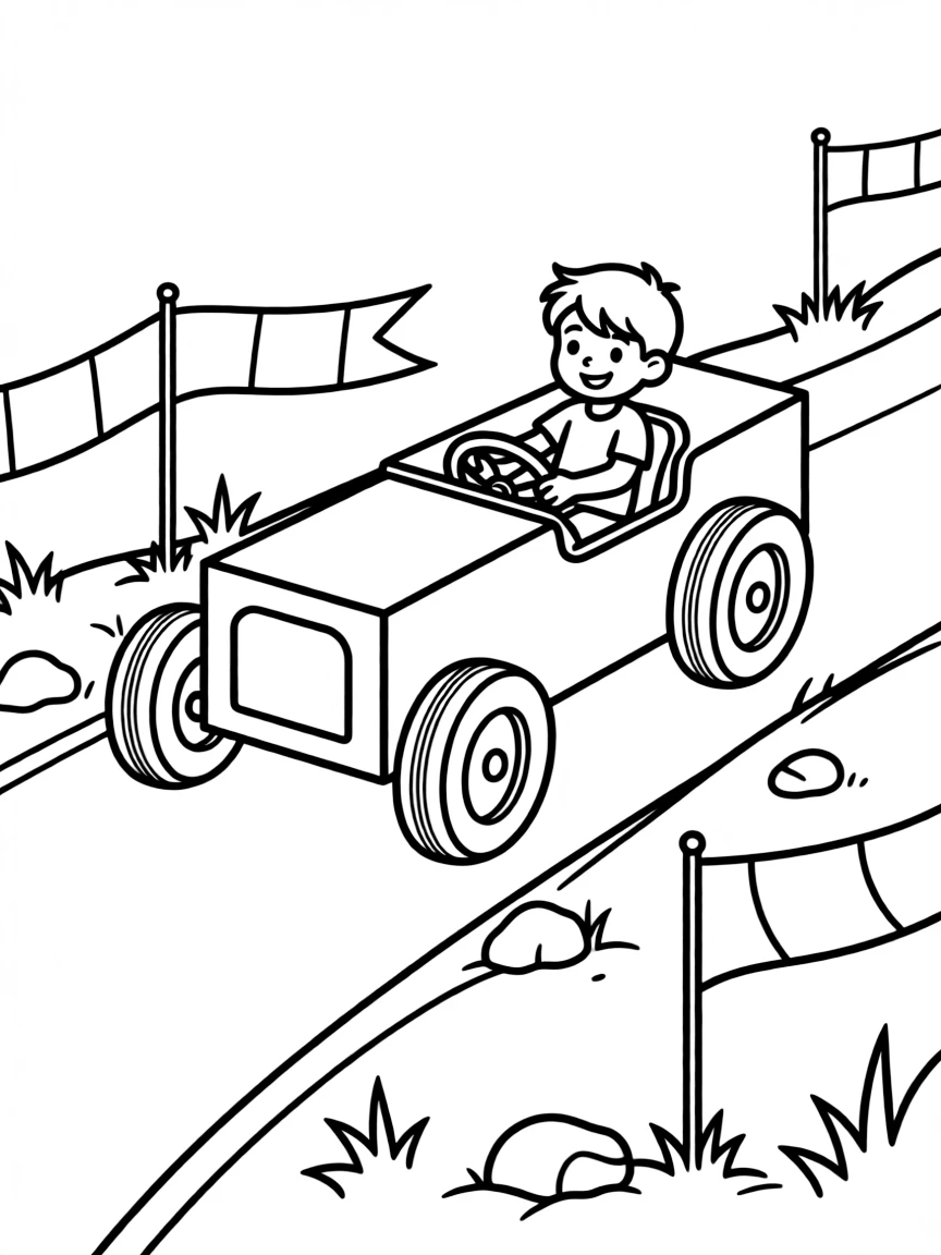 A soap box derby car on a downhill course