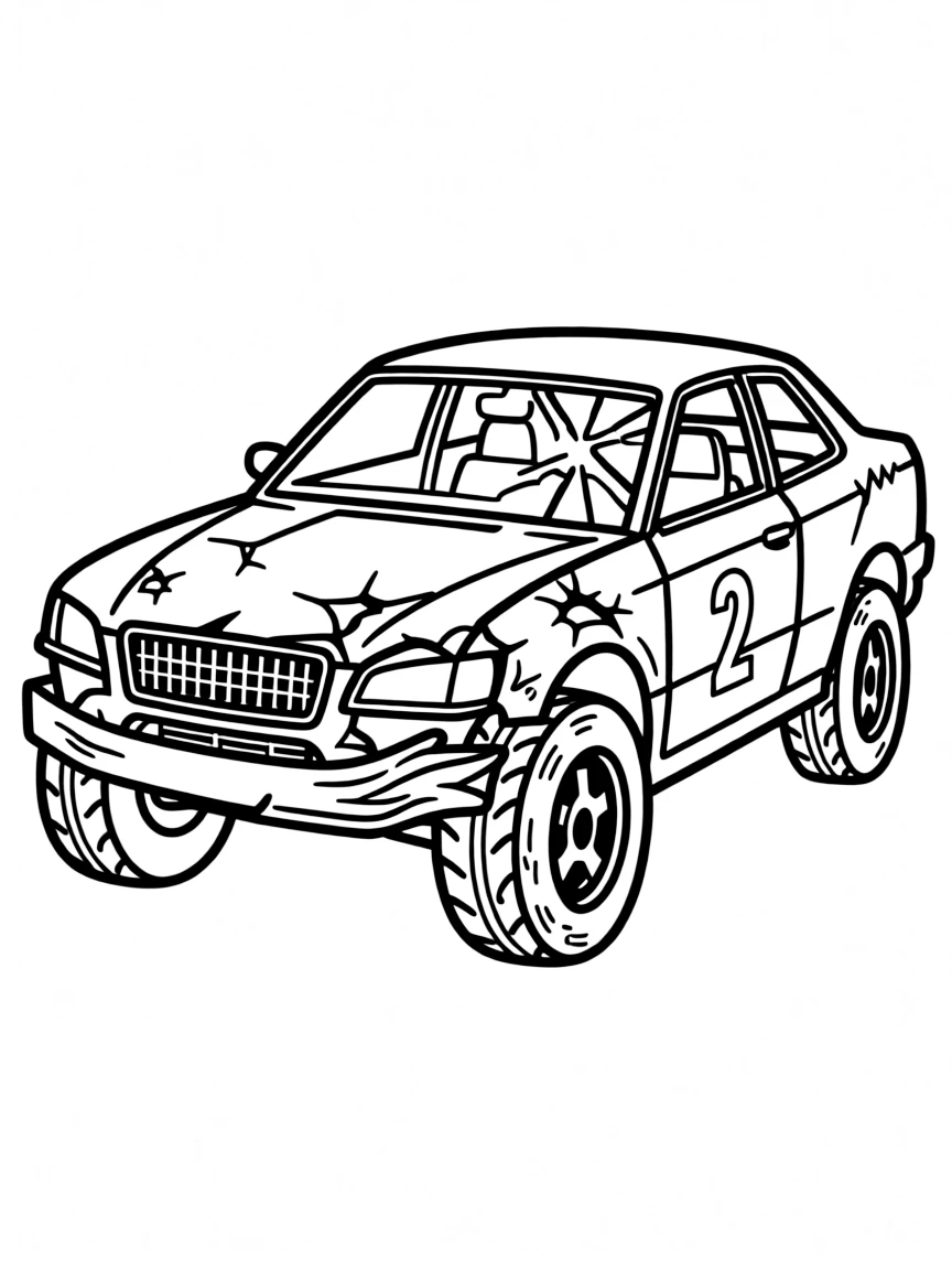 A demolition derby car with dramatic damage