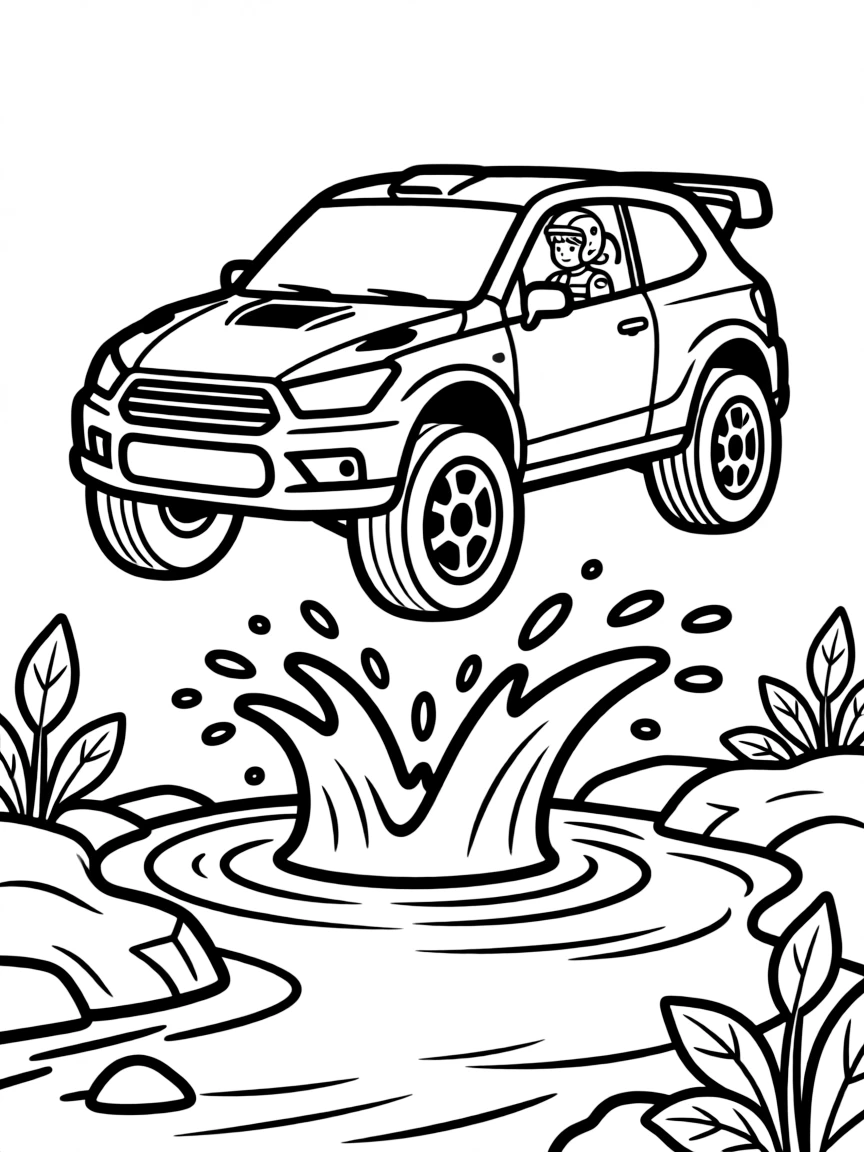 A rally cross car jumping over a water feature