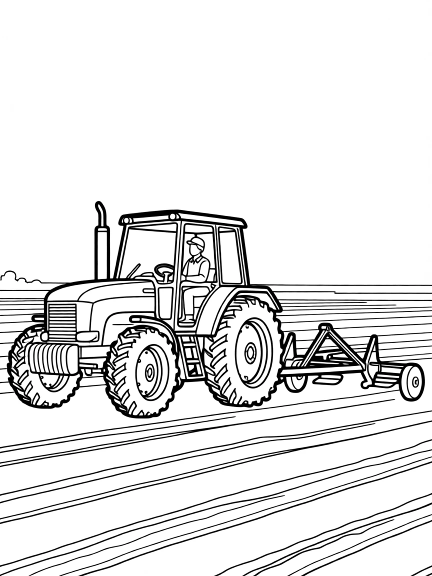 A large tractor pulling farm equipment through a field