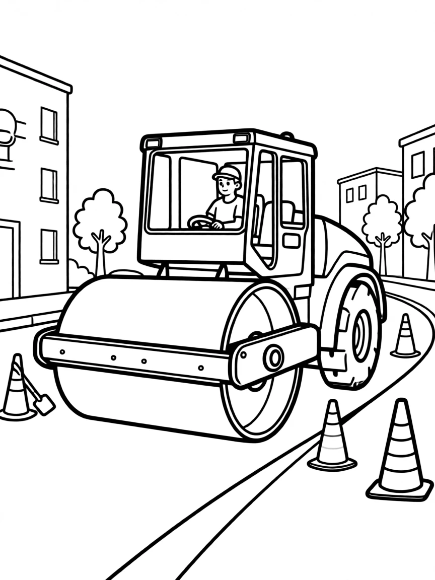 A road roller flattening fresh asphalt