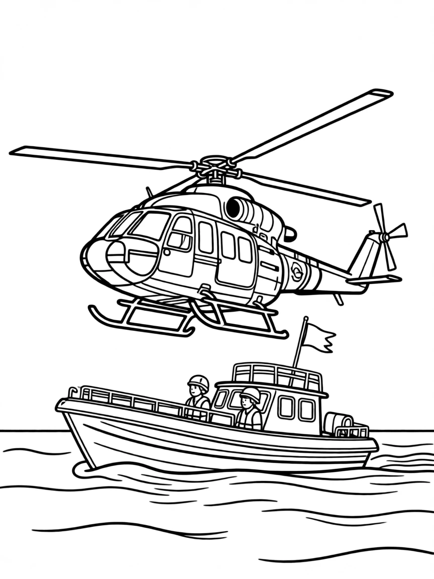 A coast guard helicopter hovering over a rescue boat