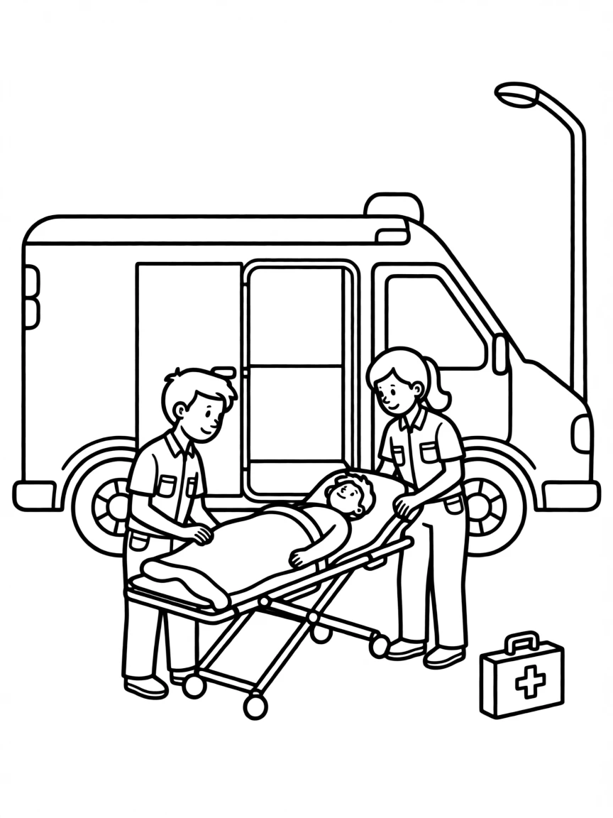 An ambulance with paramedics treating a patient