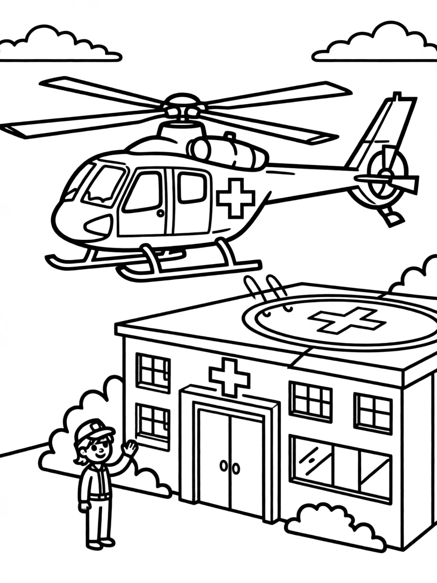 A medical evacuation helicopter landing at a hospital
