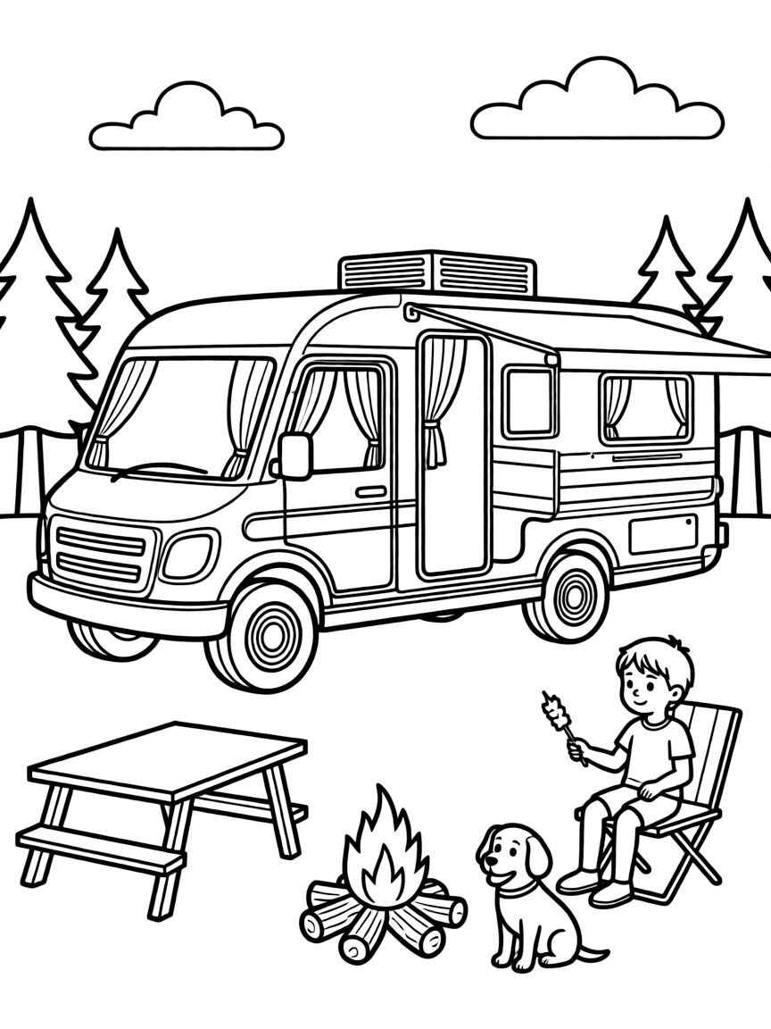 A detailed RV with slide-outs extended at a campsite