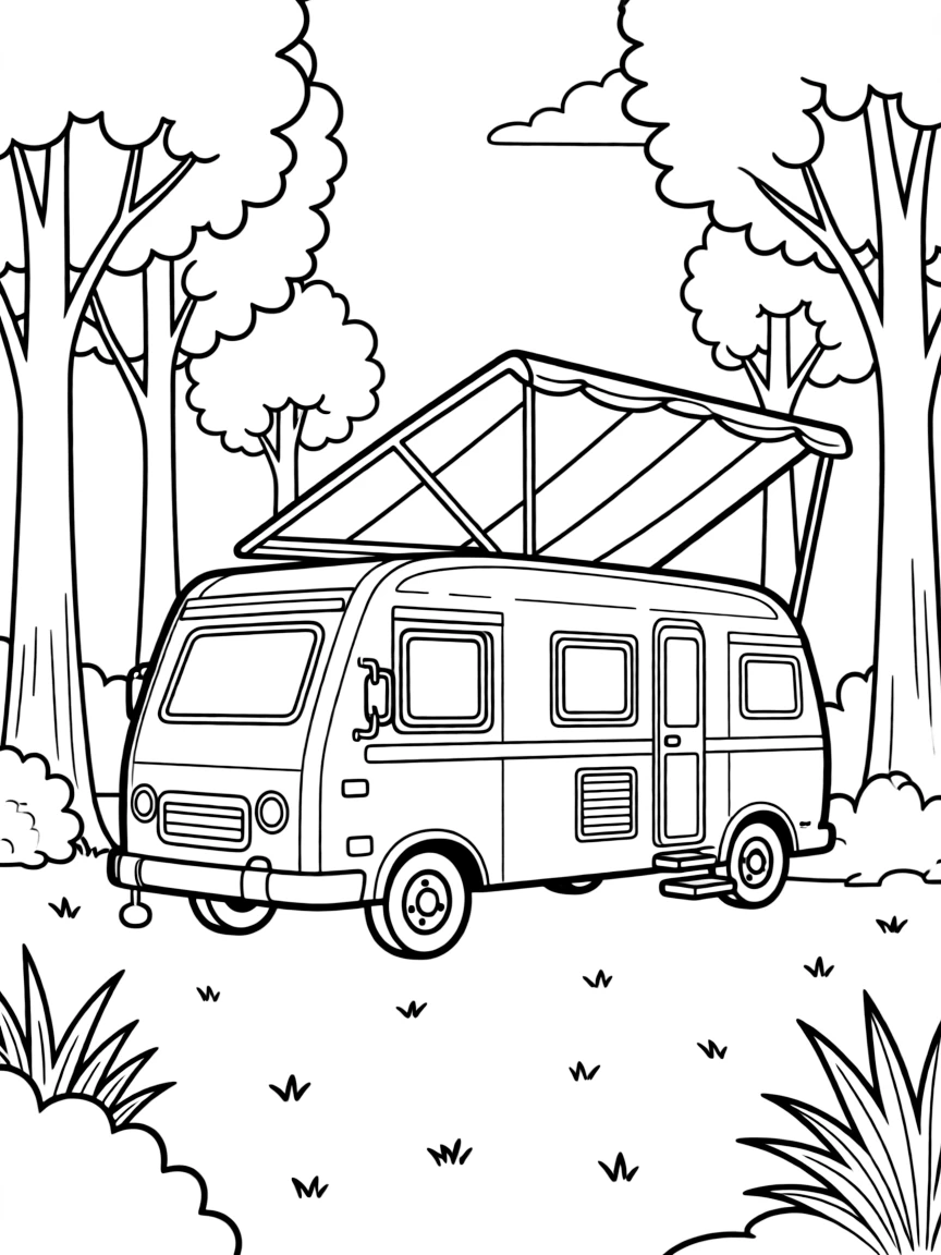A pop-up camper with awning extended in a forest