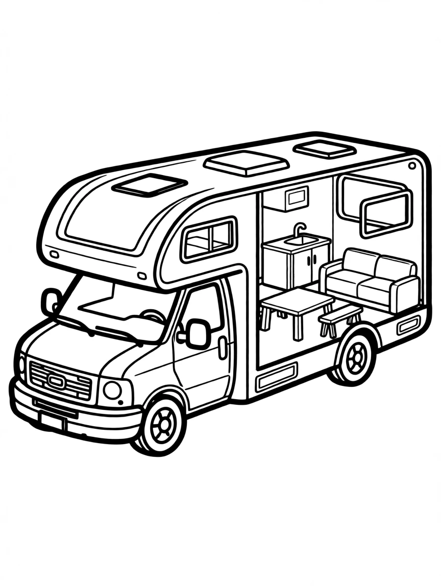 A Class A motorhome with detailed interior visible