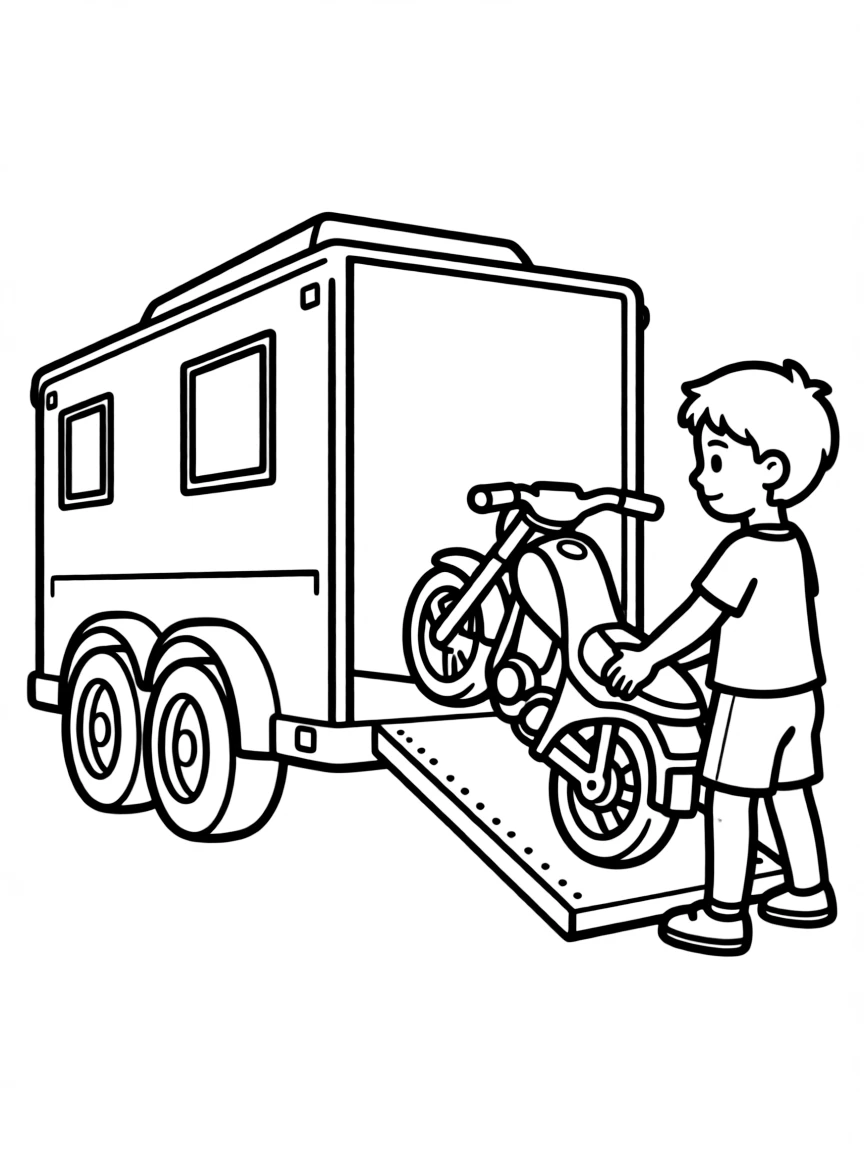 A toy hauler with motorcycle loading on the ramp