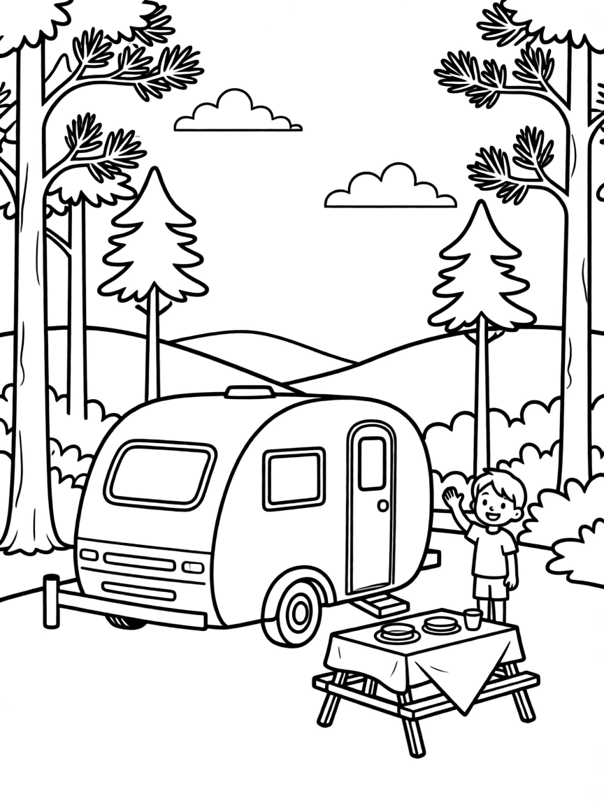 A lightweight travel trailer at a picturesque campsite