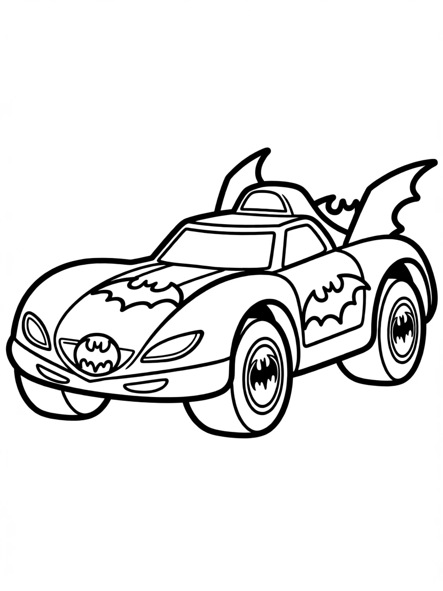The Batmobile with detailed bat-themed accessories