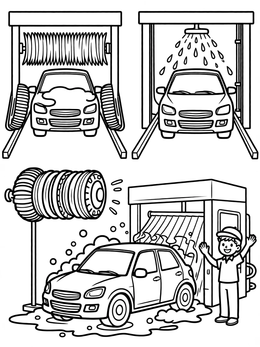 A detailed car wash with vehicle going through cleaning stages