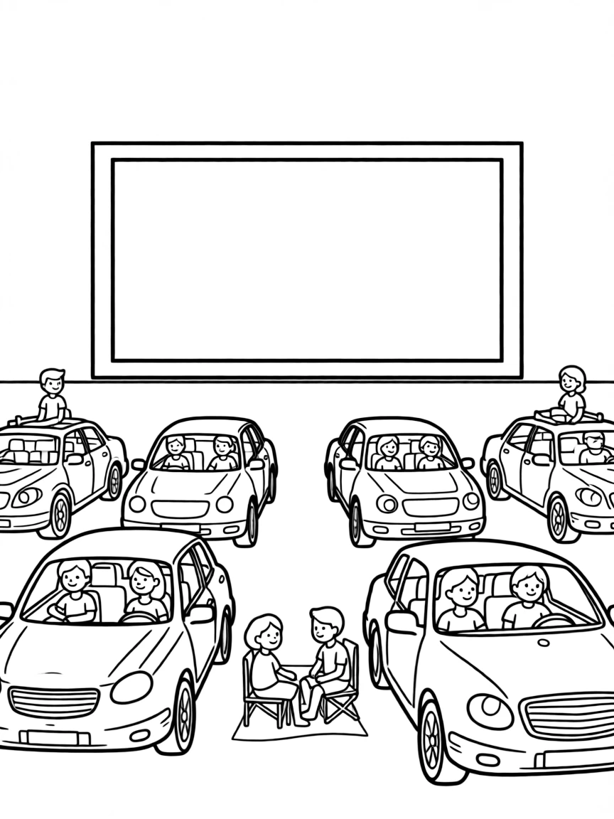 A drive-in movie theater with various cars parked watching