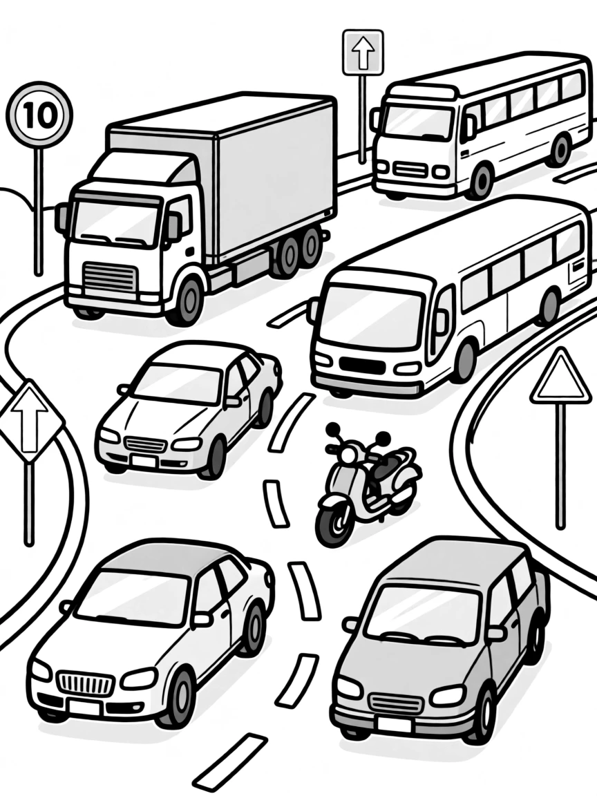 A busy highway with different types of vehicles in traffic