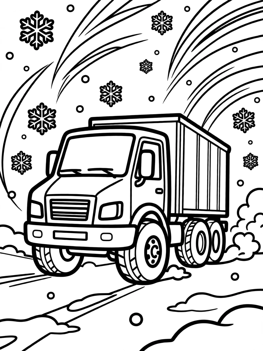 A 4x4 truck driving through a raging blizzard