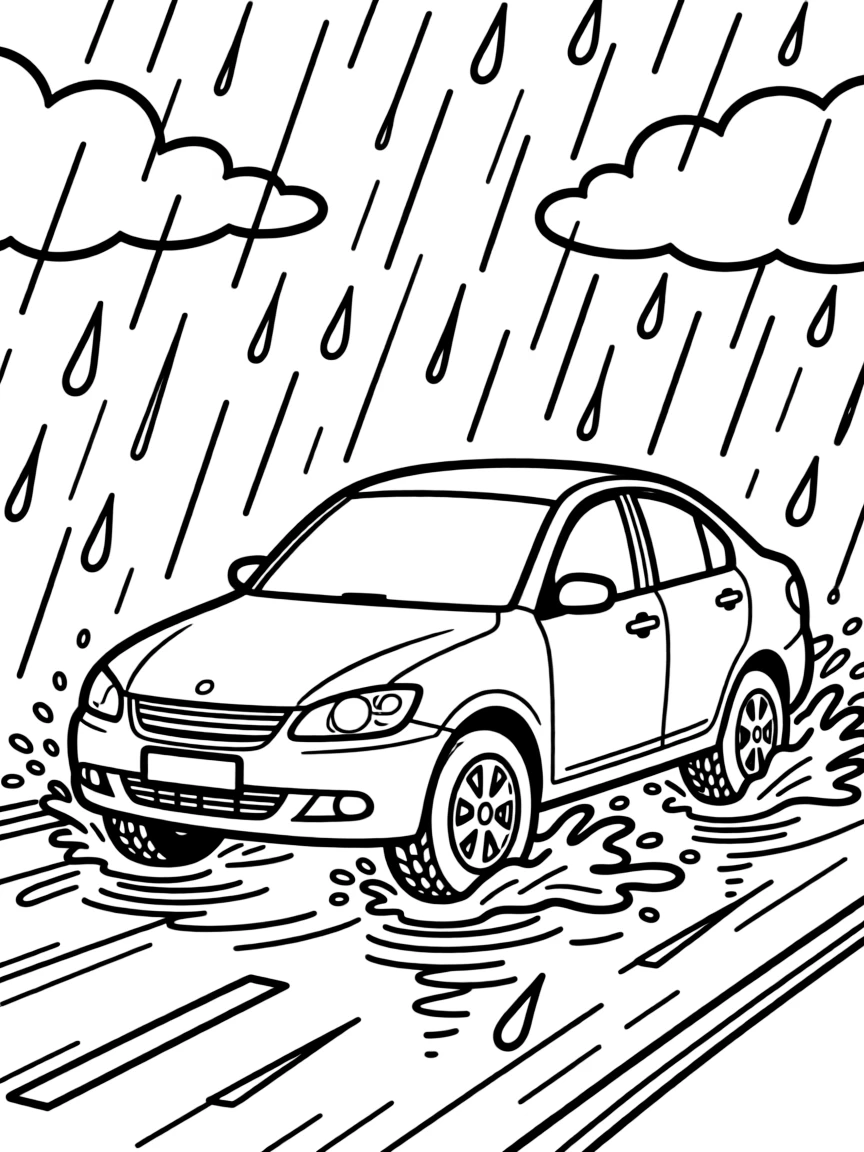 A car hydroplaning through a heavy rainstorm