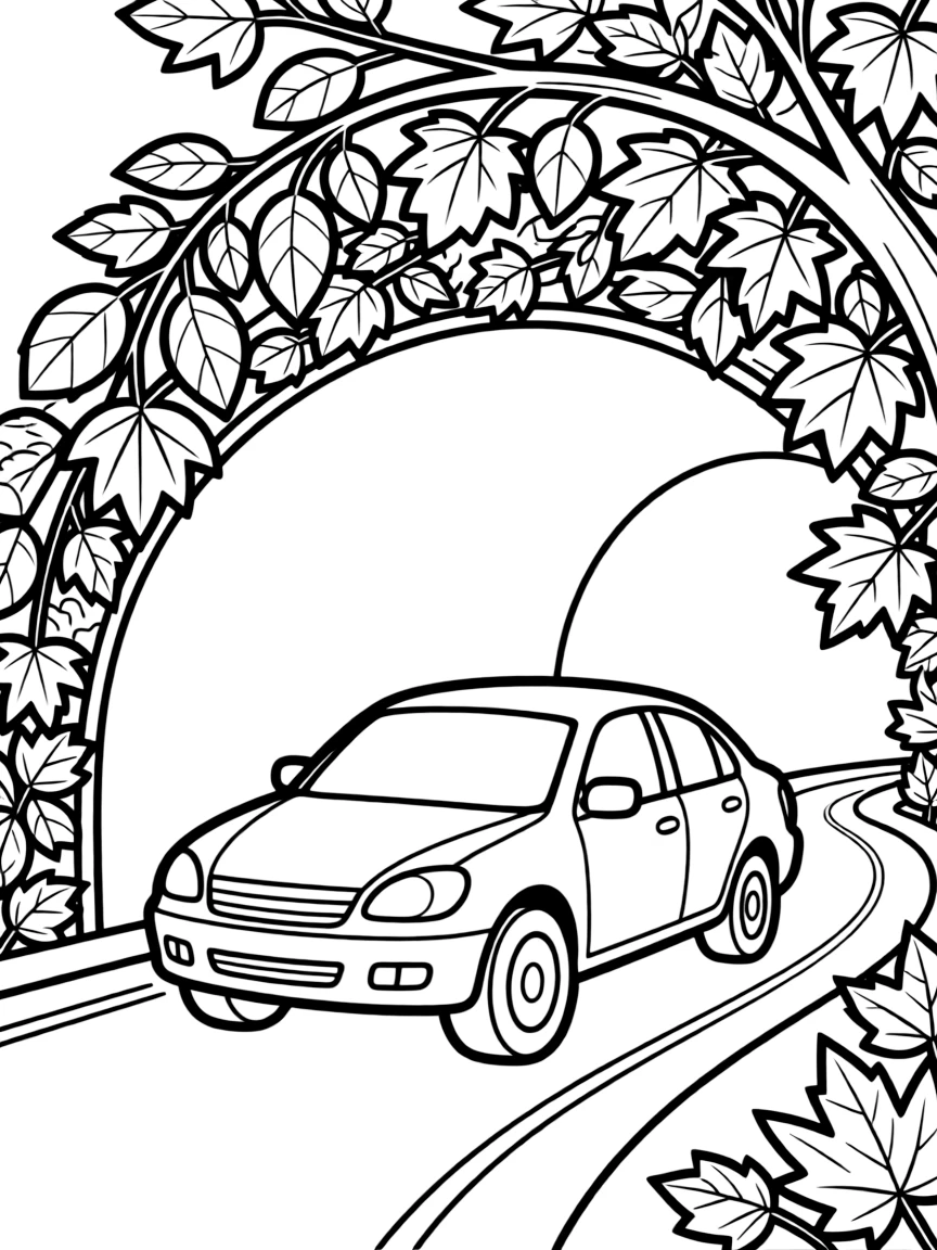 A car driving through a tunnel of fall foliage