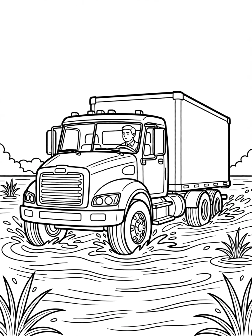 A truck driving through deep floodwaters