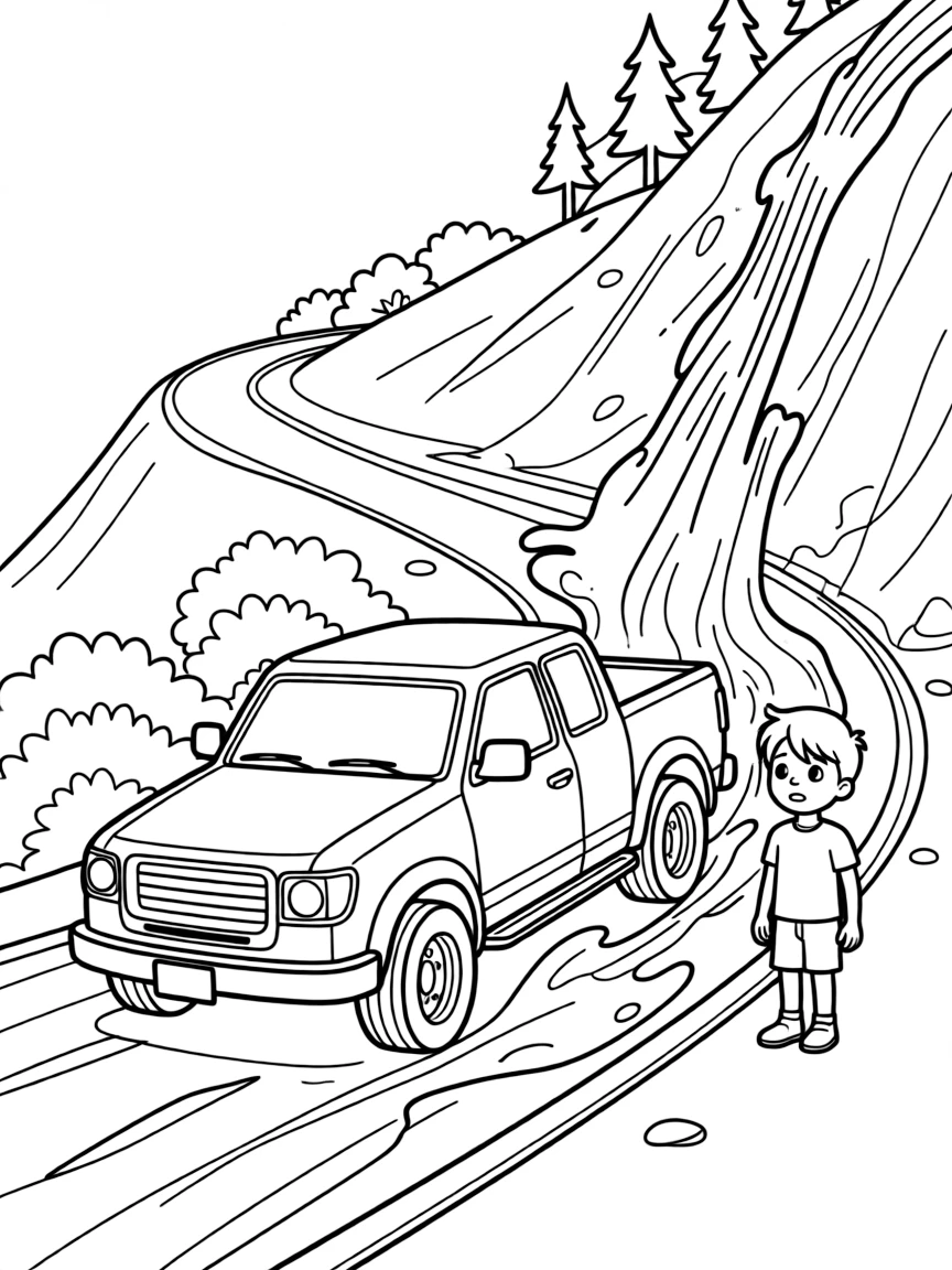 A vehicle caught in a mudslide on a mountain road