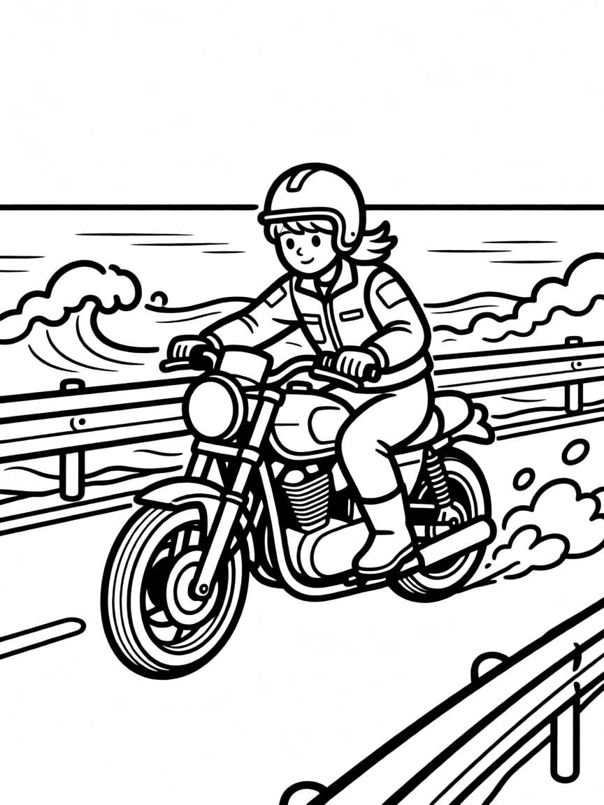 A motorcycle racing along a coastal road with sea spray