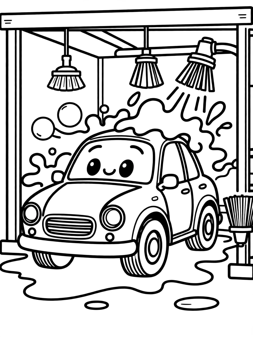 A vehicle in a car wash with soap and water effects