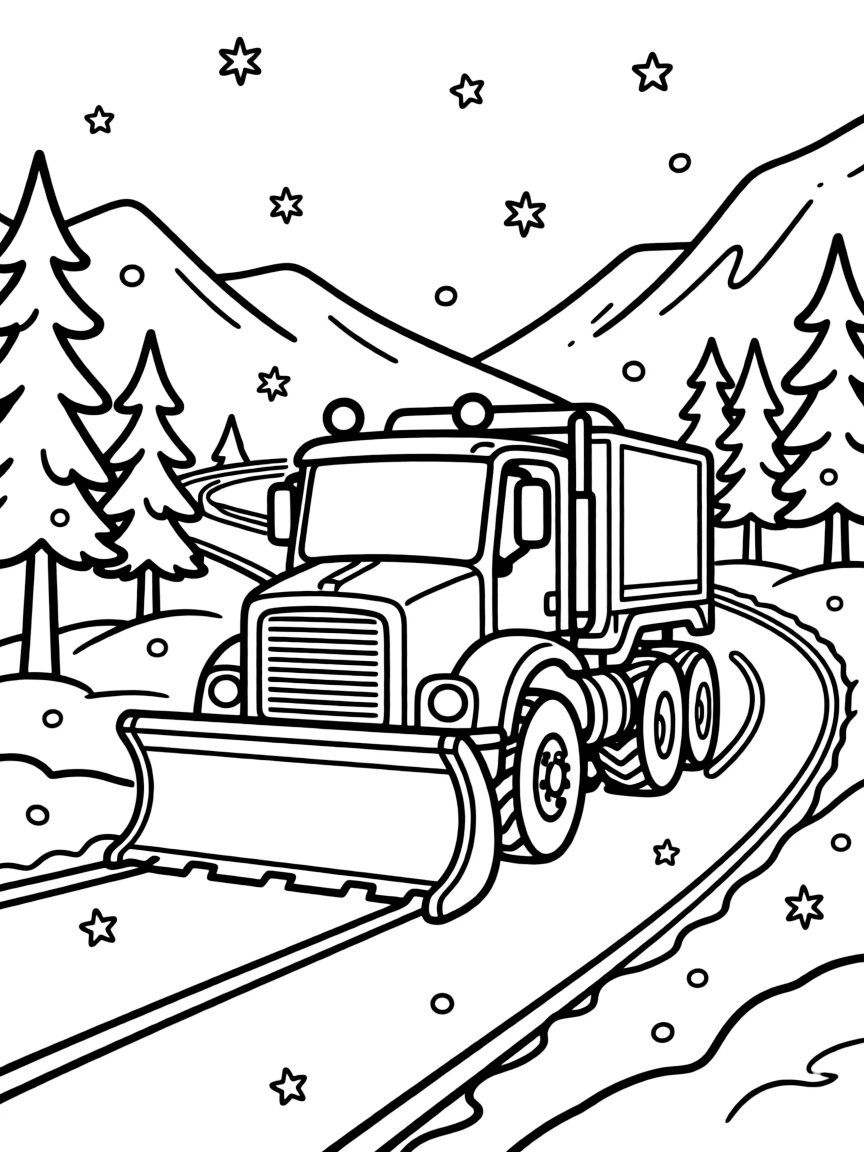 A snowplow clearing a mountain highway in a blizzard