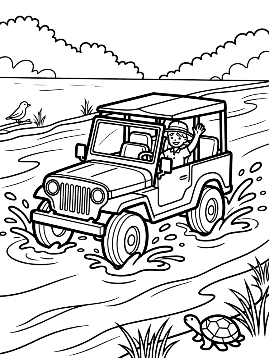 A safari vehicle crossing a river with splashing water