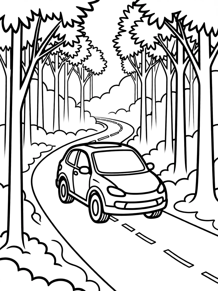 A vehicle emerging from a foggy forest road