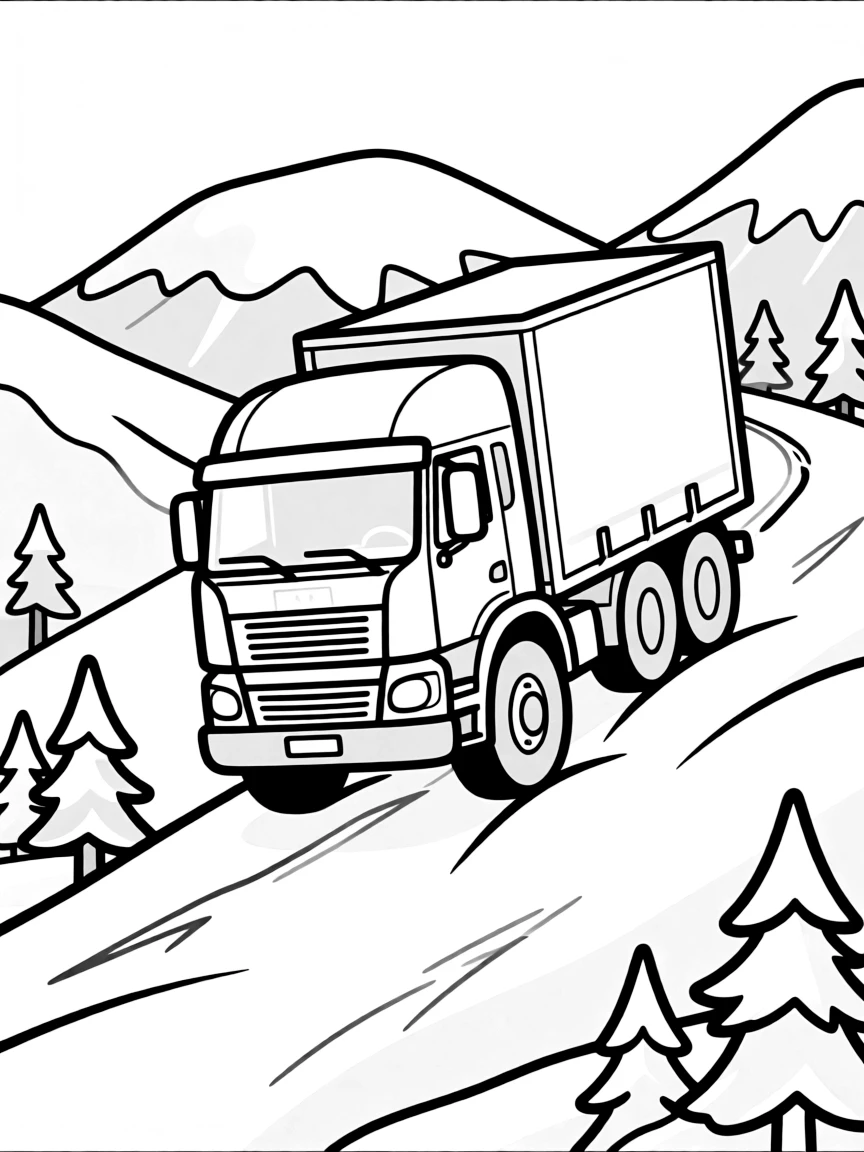 A truck climbing a snow-covered mountain pass