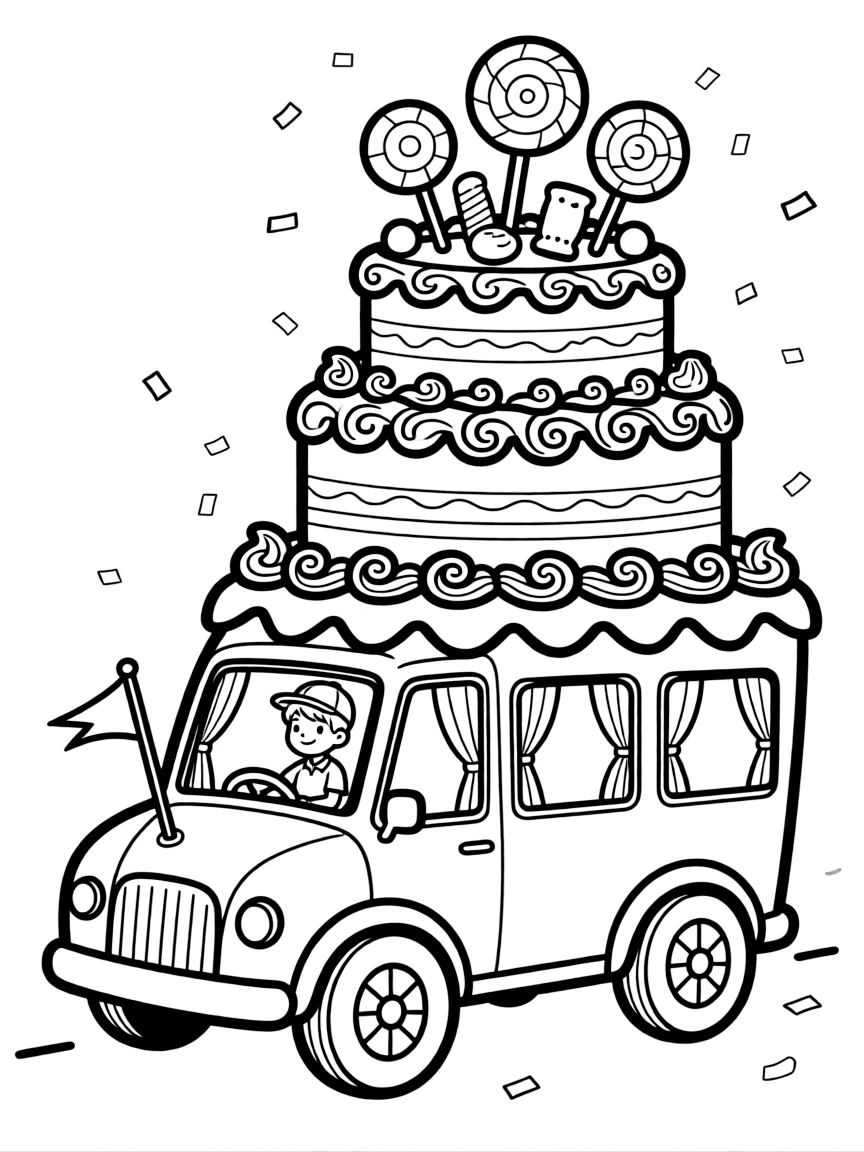 A cake-shaped parade car with decorative frosting