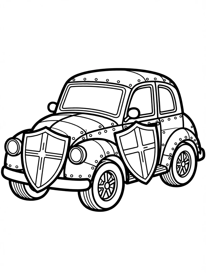 A medieval knight's car with armor plating and shield