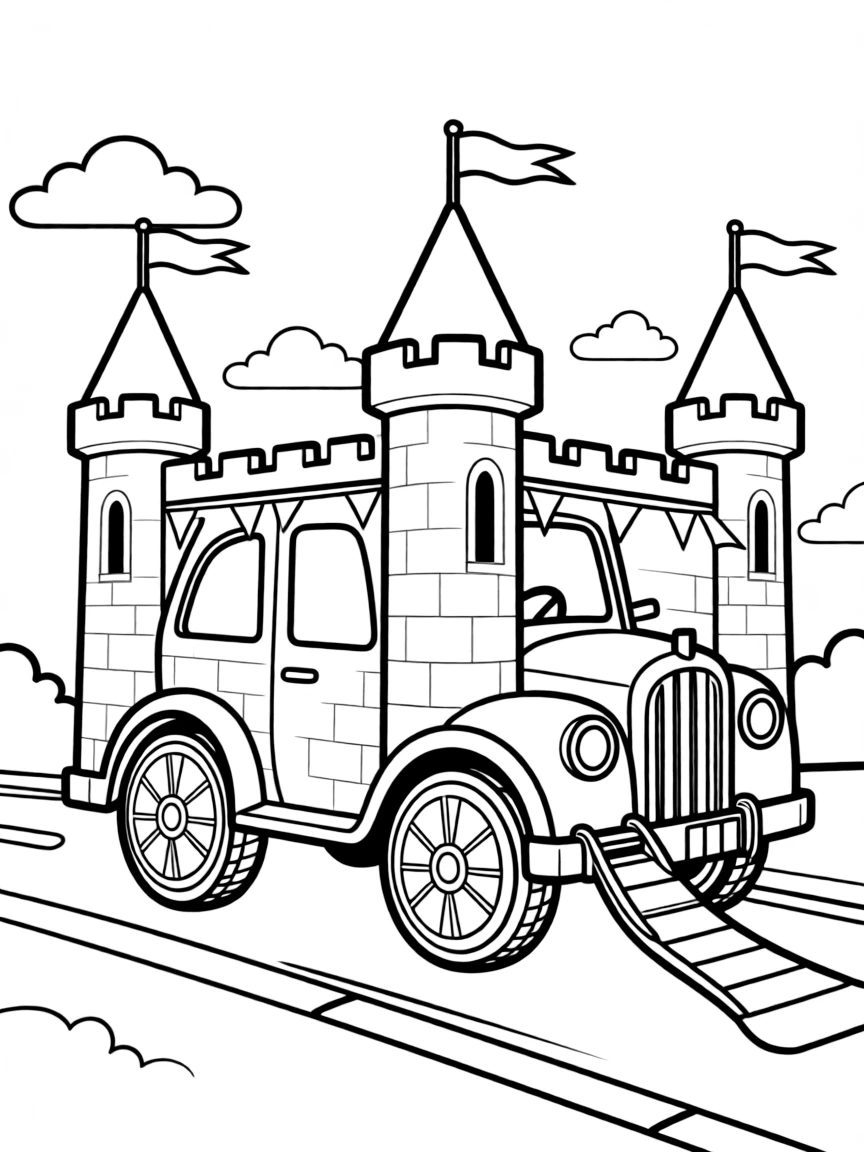 A car built like a medieval castle with turrets