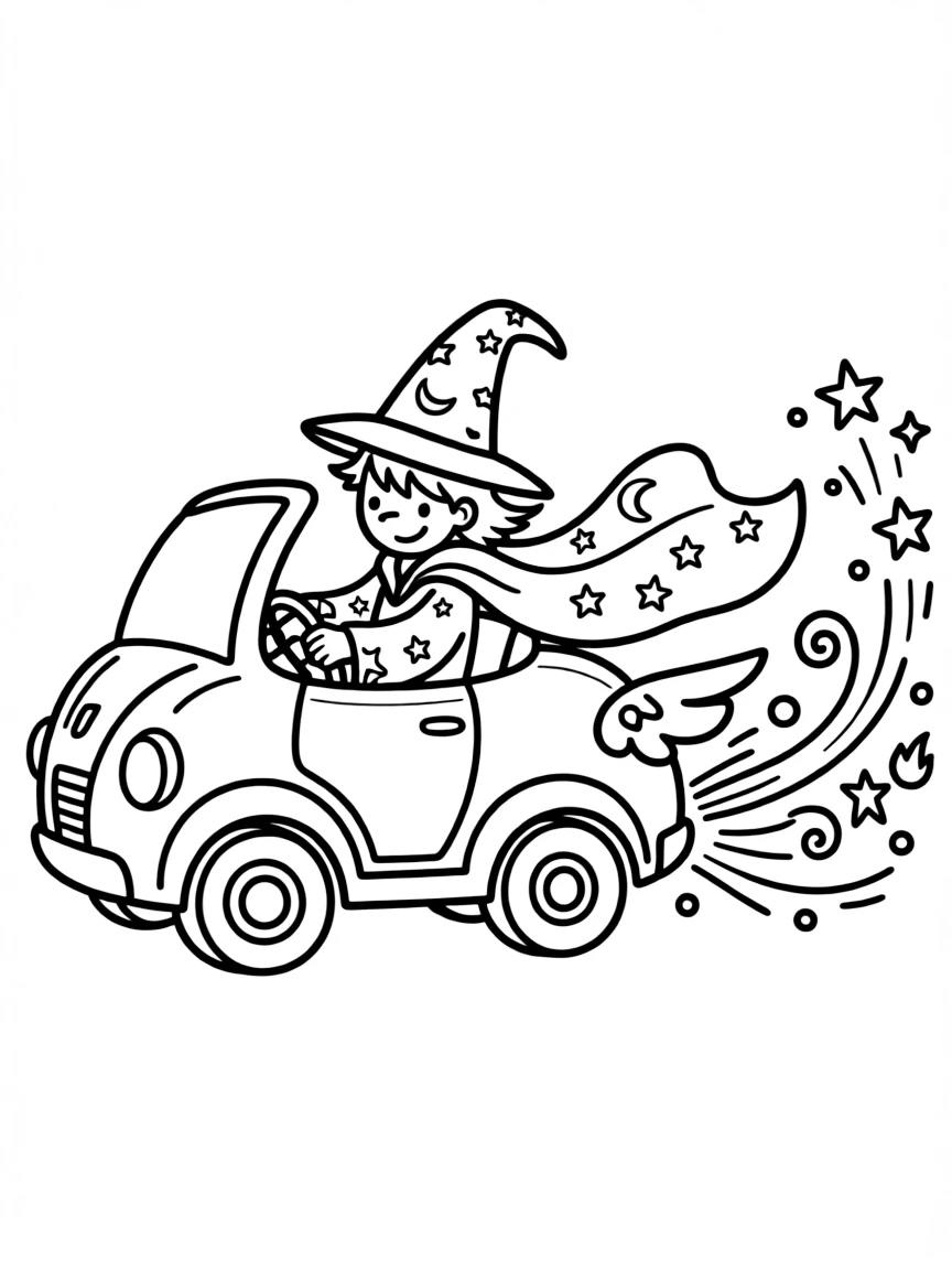 A magical wizard's car shooting sparks and stars