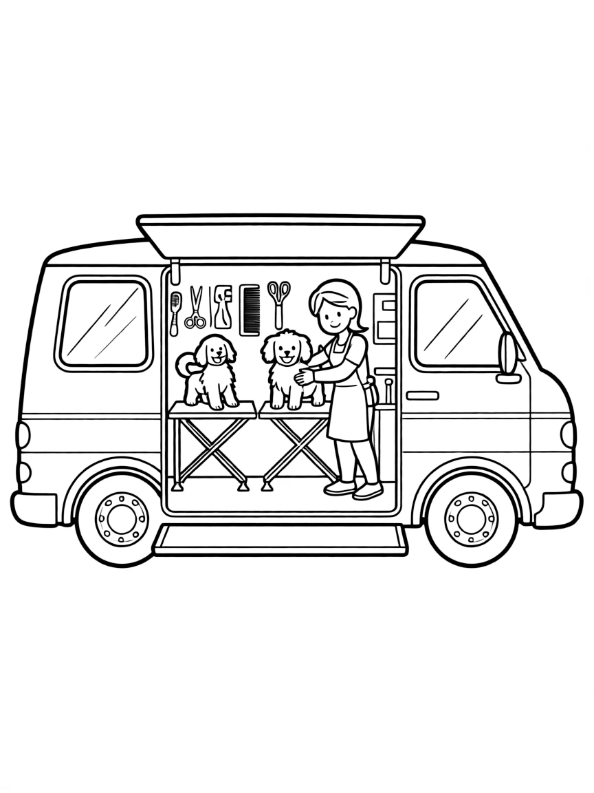 A dog grooming van with detailed dogs being groomed inside