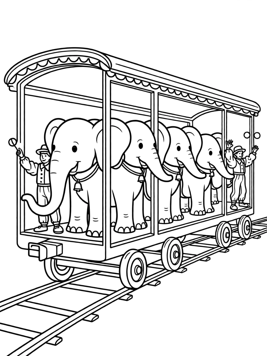 A circus train car with elephants and performers